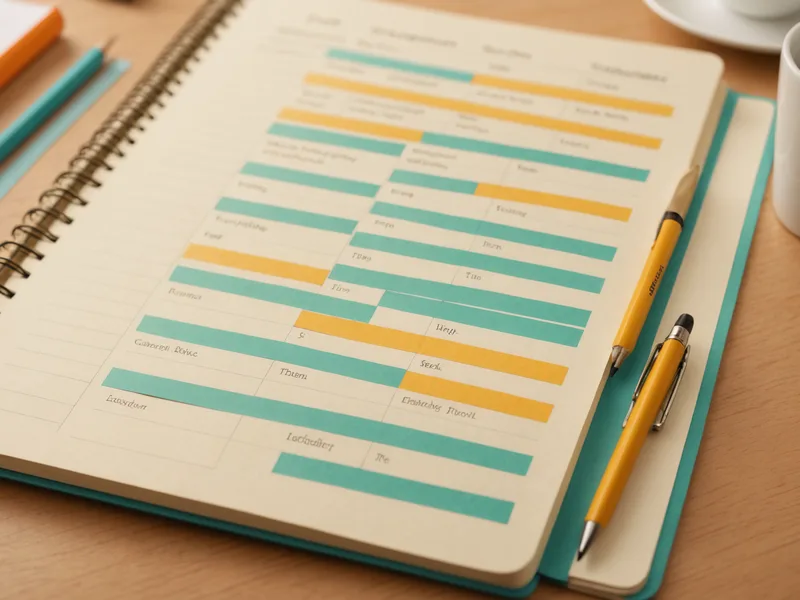A physical appointment book open to a well-organized page with colored tabs and markers indicating different appointment types, warm desk lighting